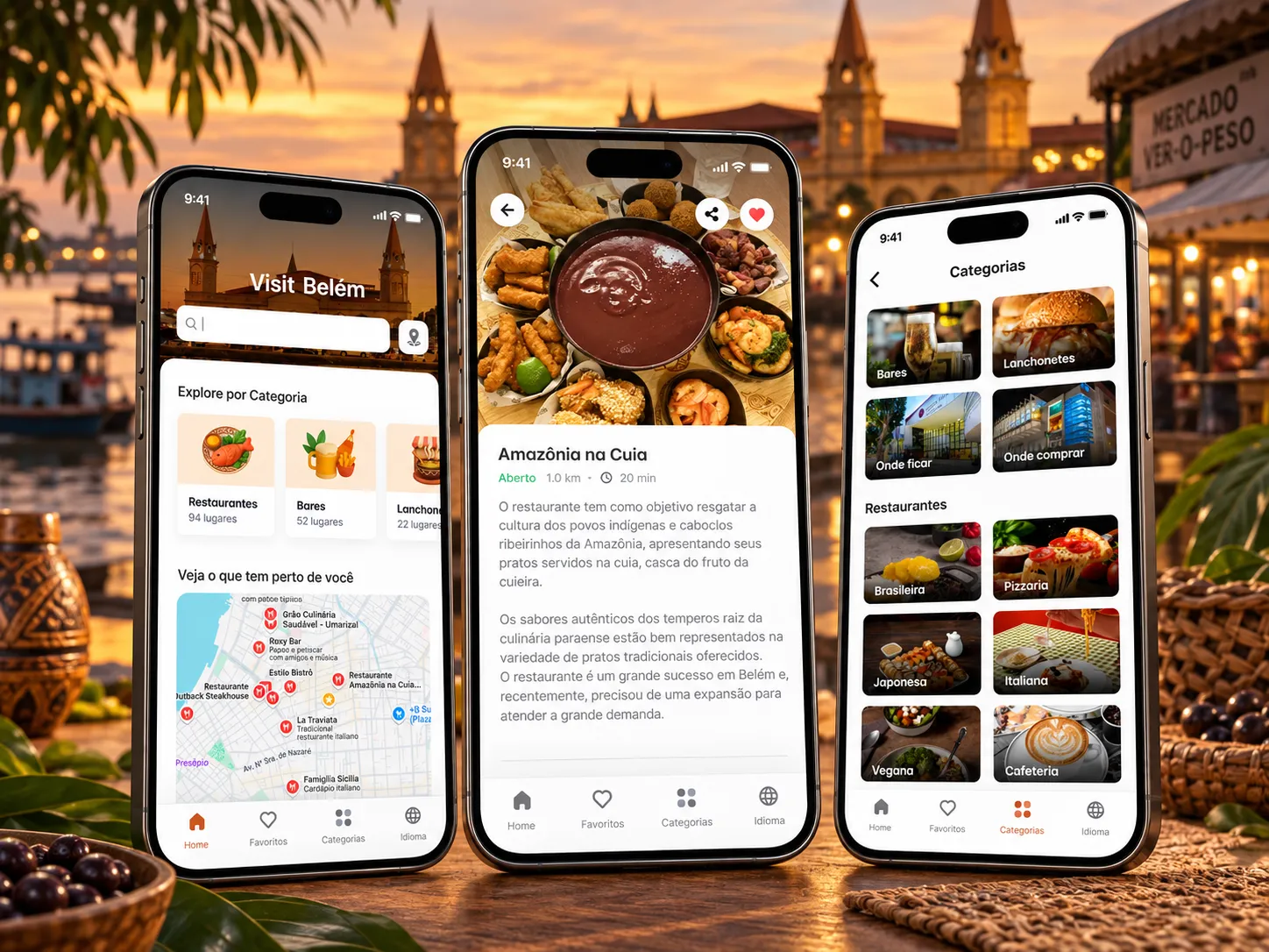 Telas de home, detalhe de estabelecimento e categorias do app Visit Belém