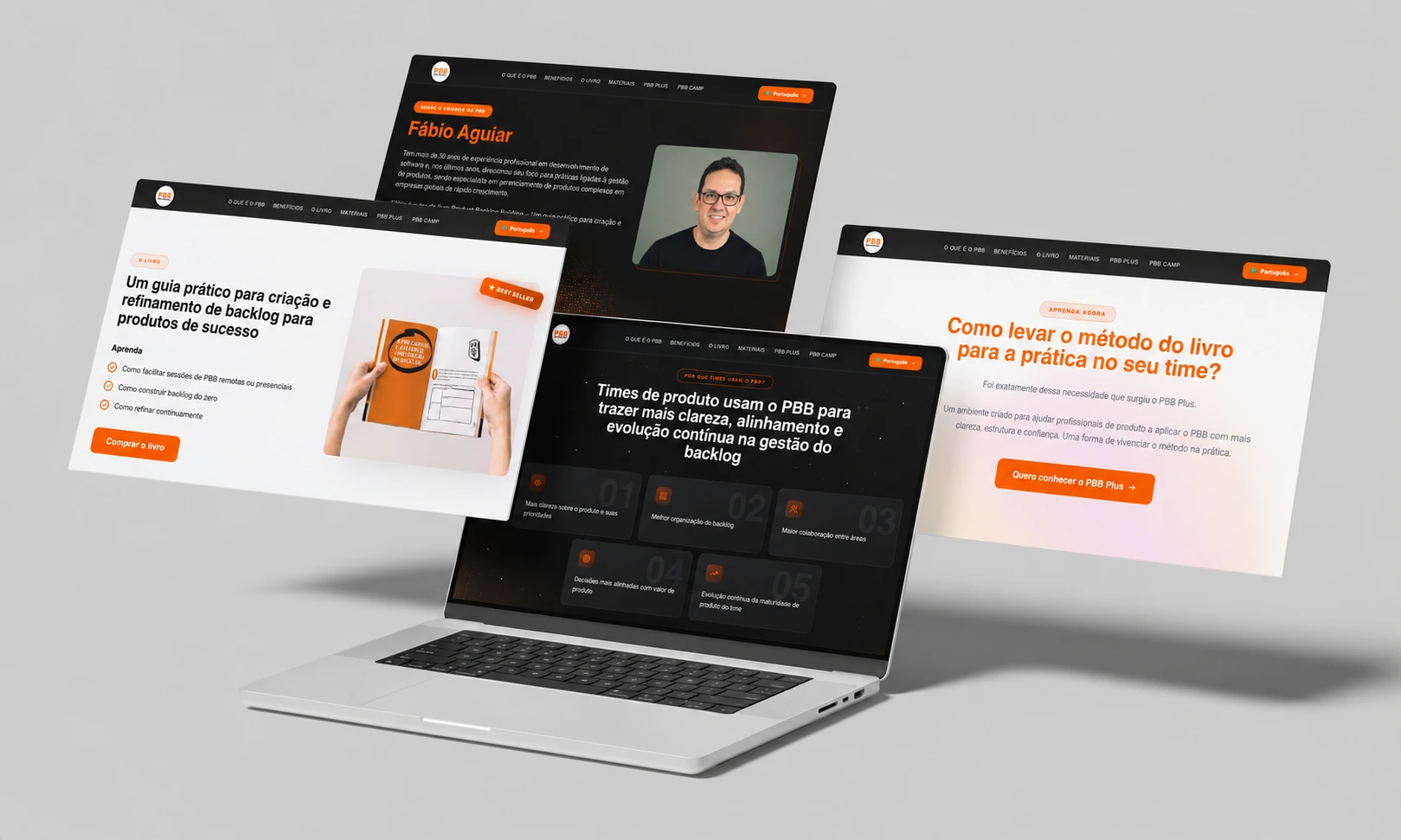 Telas do novo site do PBB em um MacBook: livro, criador, treinamento PBB Plus e benefícios do método