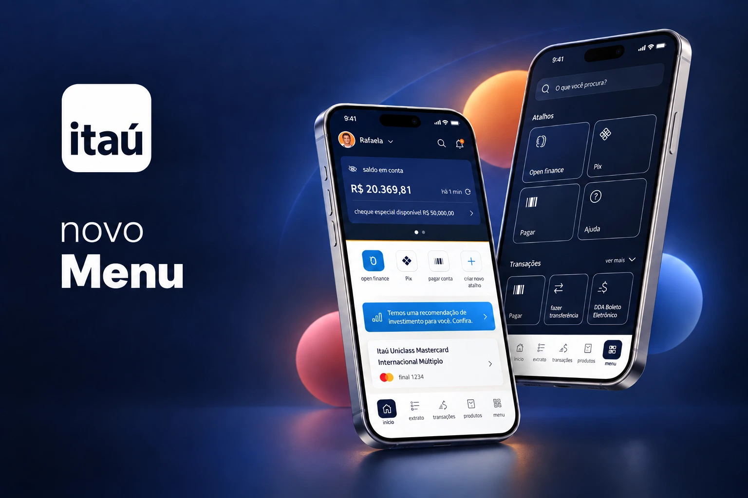 Telas do novo menu e atalhos do app do Itaú